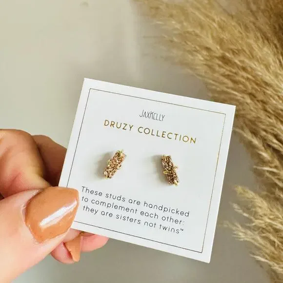 NEW ANTHROPOLOGIE Champagne Rose Gold 14kt Druzy Stone Gemstone Bar Earring - Picture 2 of 7